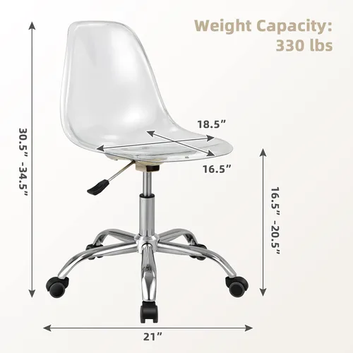 Miniatura 2 de Giantex Silla de escritorio de acrílico, silla enrollable de oficina transparente sin brazos, silla fantasma de ocio ajustable con base cromada