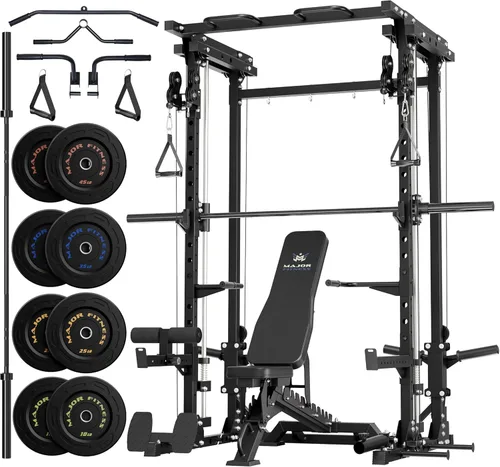 Miniatura 19 de MAJOR FITNESS Drone3 Smith Machine, 2500 libras todo en uno para gimnasio en casa con sistema de polea doble para cable cruzado, barras de dominadas