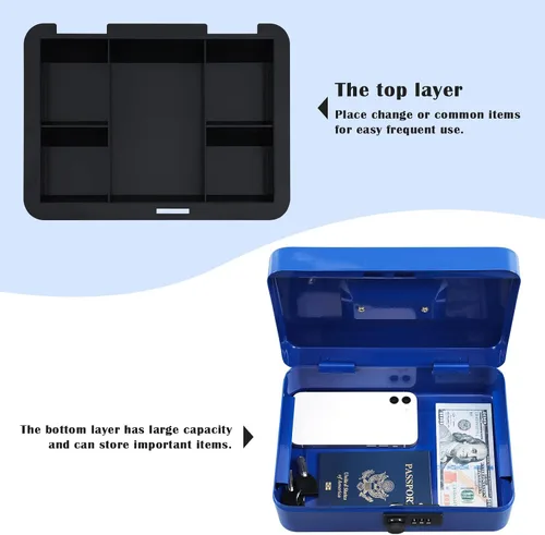 Miniatura 5 de xydled Caja fuerte grande de acero con cerradura con bandeja extraíble para monedas y cerradura de llave, 9.84"x 7.87"x 3.54" pulgadas, azul