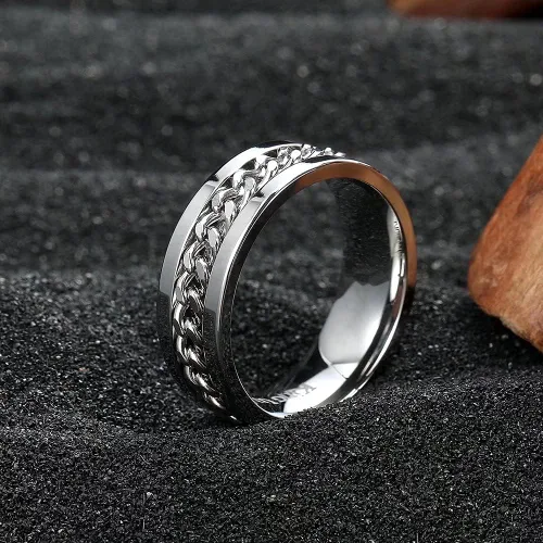Miniatura 66 de King Will - Anillo antiestrés de acero inoxidable 316L para hombres y mujeres, con cadena decorativa giratoria, 8 mm de ancho, anillo de boda
