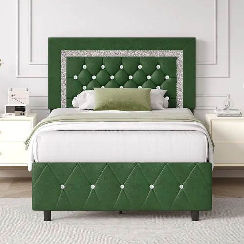 Miniatura 13 de BarnFurin Base de cama y cabecero tamaño King, cama tapizada de piel sintética con diseño capitoné de diamante, base de cama de plataforma moderna
