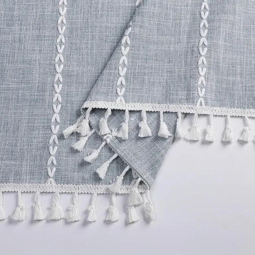 Miniatura 9 de meioro Cortina de ducha bohemia a rayas, juego de cortina de ducha de tela tejida de lino de 10.41 oz/m² con borla, repelente al agua, rústica, Azul