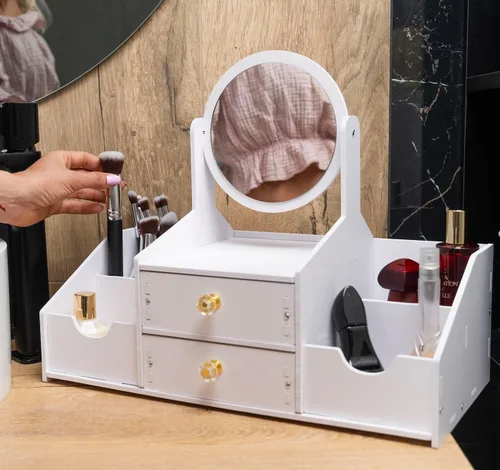 Miniatura 4 de Organizador de maquillaje de madera, organizadores de maquillaje de encimera con espejo, cajones, organizador de cosméticos para cepillos, cuidado
