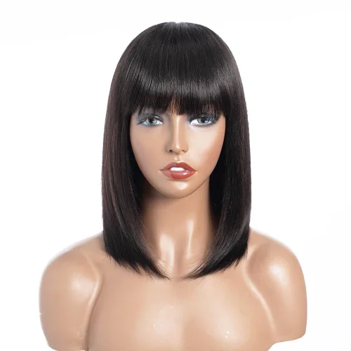 Miniatura 9 de QVR - Peluca de cabello humano corto estilo Bob con flequillo, 10 pulgadas, cabello lacio virgen brasileño hecho a máquina, sin encaje frontal