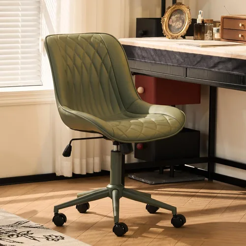 YOUNIKE Silla de oficina ergonómica de piel sintética verde oliva, sin brazos, cómoda silla de escritorio con respaldo mecedor, bonita silla
