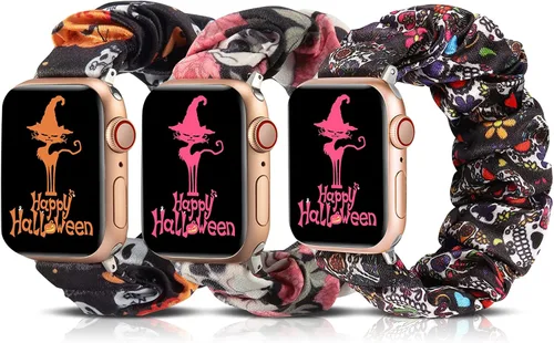 Miniatura 19 de TOYOUTHS - 3 paquetes compatibles con Apple Watch Band Scrunchies 1.496 in (38 mm) tela suave patrón impreso pulsera de tela para mujer iWatch