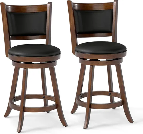 Miniatura 10 de COSTWAY Juego de 2 taburetes de bar, giratorios de 360 grados, taburete giratorio de madera con acento de altura, diseño tapizado de cuero, asiento