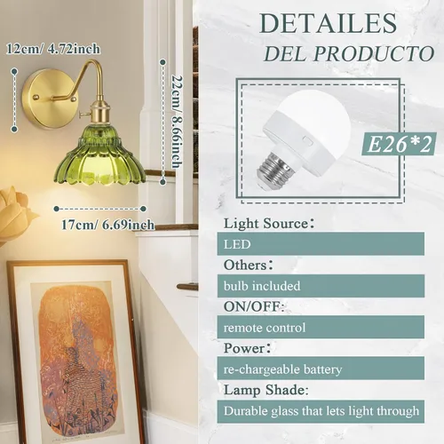 Miniatura 6 de Juego de dos apliques de pared vintage que funcionan con pilas, para interiores, no cableados, de latón y cristal verde, luces de pared RGB