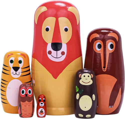 Miniatura 13 de Muñecas rusas "matrioskas", 5 unidades, 15 cm de alto, diseño de animales, huevos de Pascua, juguetes de anidación, muñecas de madera hechas a mano
