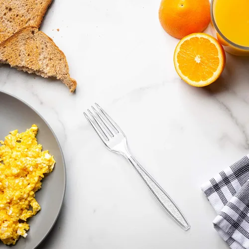 Miniatura 4 de GUSTO [Paquete de 100] Tenedores de plástico transparente pesado con diseño grabado, utensilios de plástico resistentes desechables para fiestas