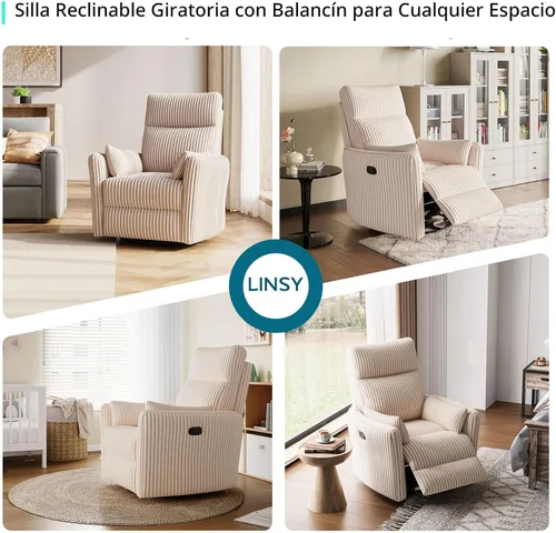 Miniatura 8 de LINSY Silla reclinable giratoria 360, mecedora para guardería con 2 almohadas, silla de enfermería de pana, cómoda silla de enfermería con respaldo