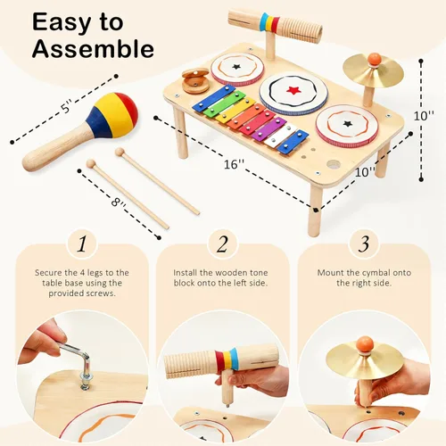 Miniatura 8 de WINGYZ Juego de batería para bebé, instrumentos musicales de madera 9 en 1 para niños pequeños de 1 a 3 años, juguetes de música Montessori