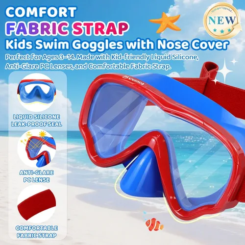 Miniatura 2 de Vvinca Gafas de natación para niños con cubierta para la nariz, máscara de buceo, correa de tela antivaho anti roturas para niños de 3 a 15 años