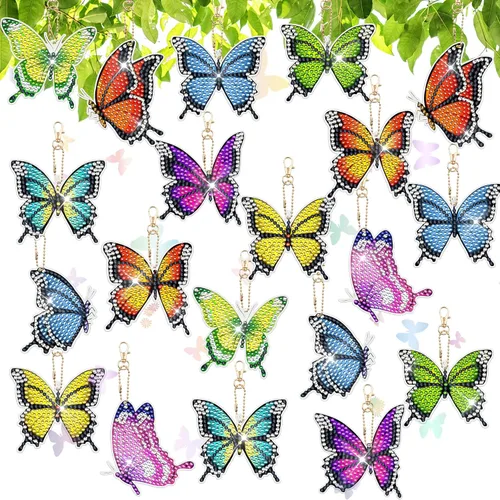 Juego de 10 llaveros de pintura de diamante de mariposa de doble cara, llaveros artísticos de diamantes 5D para colgar adornos de diamantes de