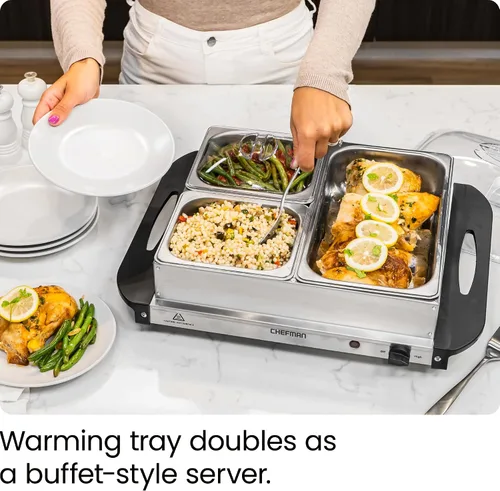Miniatura 4 de Chefman Servidor de buffet eléctrico + bandeja de calentamiento con temperatura ajustable y 3 platos calentadores, placa caliente perfecta