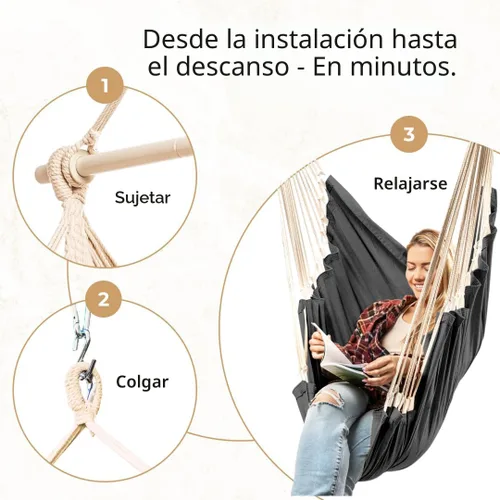 Miniatura 3 de Silla colgante hamaca columpio – Silla colgante para exteriores e interiores – Silla columpio hamaca – Instalación rápida y fácil con kit de Negro
