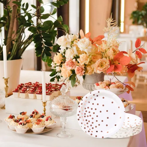 Miniatura 7 de Suministros de fiesta en blanco y oro rosa, platos de postre de papel con puntos dorados (50 unidades)