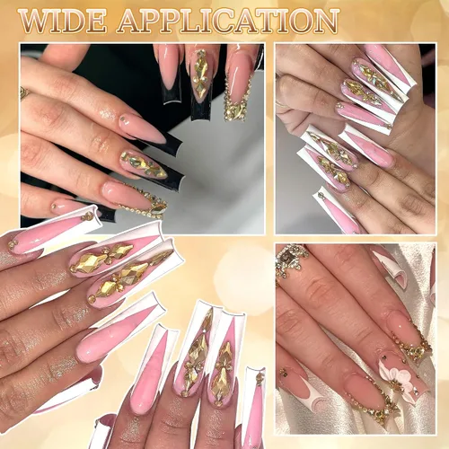 Miniatura 6 de 3520 diamantes de imitación de uñas color dorado champán para uñas, multiformas con parte trasera plana, diamantes de imitación redondos
