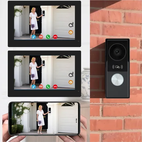 Miniatura 2 de Timbre de video de 1080p con sistema de monitor, portero de video WiFi 1080FHD cámara de metal, 7 pulgadas dos monitores con tarjeta de 32 GB