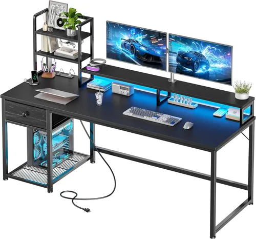 Miniatura 13 de Escritorio para juegos de 44 pulgadas con gabinete y cajones, escritorio reversible para computadora con estante para monitor, escritorios