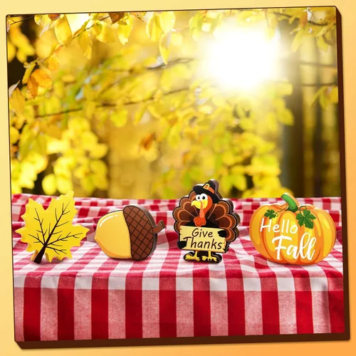 Miniatura 8 de Bucherry 4 piezas de decoración de bandeja escalonada de otoño de Acción de Gracias, letreros de madera de otoño, calabaza, hoja de arce, cosecha
