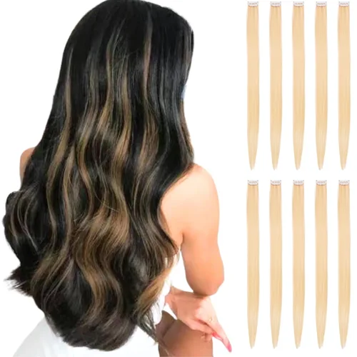 Miniatura 6 de Extensiones de cabello negro con clip, 10 piezas de 22 pulgadas de largo, rectas de colores lisos, accesorios sintéticos, extensiones con clip