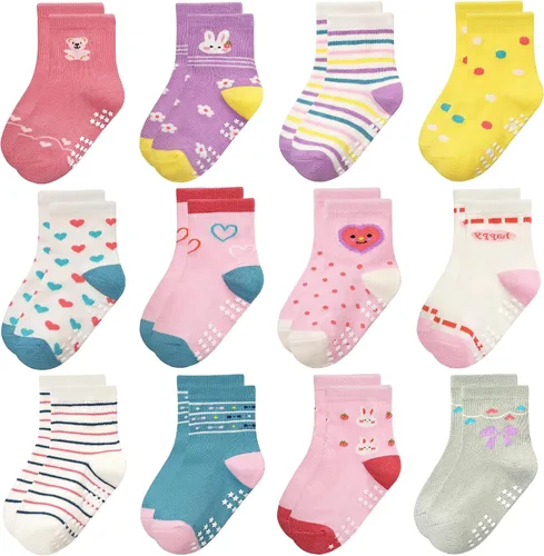 Miniatura 8 de Calcetines antideslizantes para niños pequeños con agarre, 12 pares de calcetines antideslizantes de dibujos animados para niños y niñas