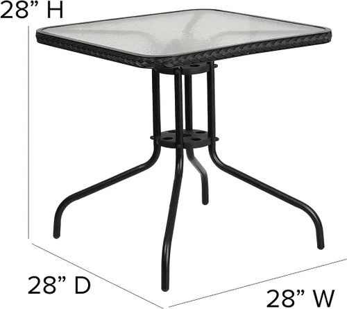 Miniatura 4 de Flash Furniture Lila Mesa Cuadrada de Vidrio y Metal de 28'' con Bordes de Ratán Negro y 2 Sillas Apilables de Ratán Negro