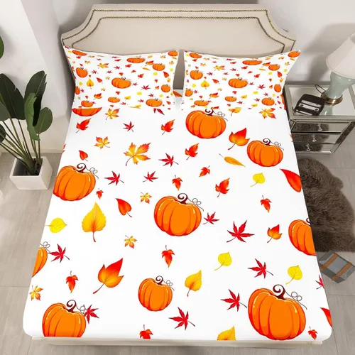 Miniatura 2 de Juego de sábanas de calabaza de otoño, tamaño individual, hojas de arce para niños y niñas, cosecha de otoño, fruta, botánico, sábana bajera