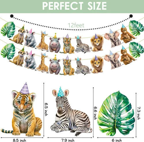 Miniatura 3 de Pancarta de animales de safari, 2 unidades, banderines recortados para fiesta de selva, carteles colgantes con temática de safari, decoraciones