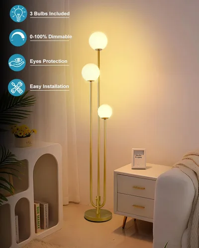 Miniatura 3 de Lightdot Lámpara de pie dorada de 63 pulgadas, regulable, 3 luces, globo LED, con 3000 K, blanco cálido suave para boda/fiesta, portavelas, lámpara