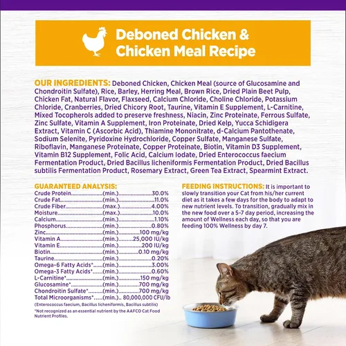 Miniatura 7 de Wellness Complete Health - Alimento seco para gatos adultos para interior, granos integrales, natural, pollo (bolsa de 2.3 kg)