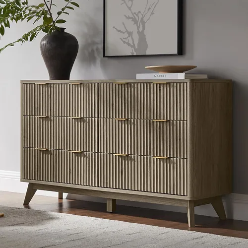 Miniatura 26 de T4TREAM Cómoda acanalada de 3 cajones, cómoda moderna de 32 pulgadas de alto, diseño de perfil curvo, organizador de cajones de madera para Aliso