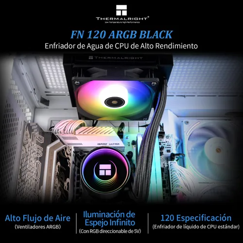 Miniatura 2 de Thermalright Frozen Notte 120 ARGB Enfriador de agua negro para CPU, enfriador Aio de 4.724 in, bomba de agua ARGB de espejo infinito, 2000 RPM