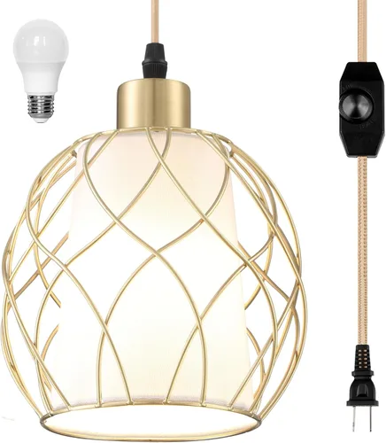 Miniatura 10 de Cinkeda Luces colgantes con cable de enchufe, lámparas colgantes que se enchufan a la toma de corriente con interruptor regulable y cable Plateado