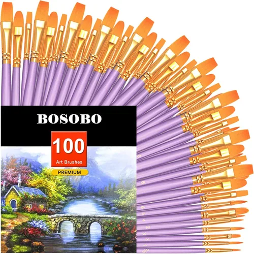 Miniatura 37 de BOSOBO Juego de 6 pinceles de pintura, 60 pinceles de punta redonda puntiaguda, pinceles de nailon para artistas del cabello acrílicos para aceite