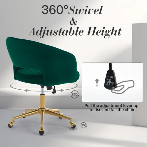 Miniatura 7 de Silla de escritorio giratoria para oficina en casa, moderna silla de escritorio de terciopelo, sillón de altura ajustable con base dorada, silla