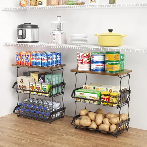 Miniatura 4 de XYZLVSI Cesta de frutas de 3 niveles con parte superior de madera para cocina, cesta apilable de alambre de almacenamiento de cebolla y papas