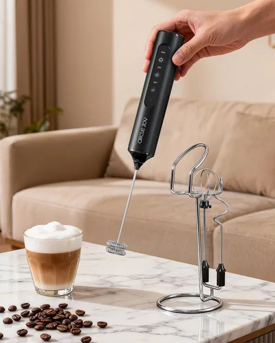 Miniatura 7 de CIRCLE JOY Varita espumadora de leche recargable de mano con soporte, 3 velocidades variables, 3 batidores y caja de almacenamiento, mezclador