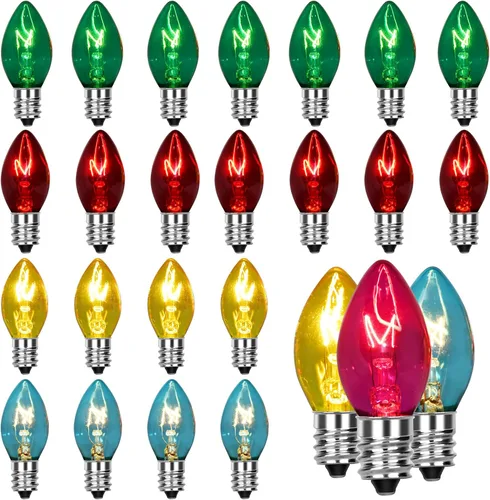 Paquete de 25 bombillas de repuesto de luces de Navidad C7, bombillas incandescentes de vidrio multicolor transparente, base de candelabro C7/E12 de