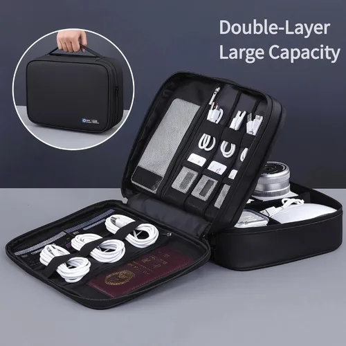 Miniatura 2 de Organizador de artículos electrónicos, estuche de viaje organizador de cables, bolsa organizadora de cables de doble capa, accesorios