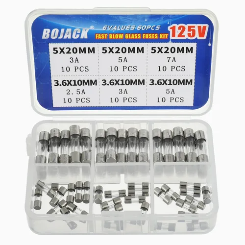 BOJACK Fusibles para luces de Navidad 5x20mm 125V 3A 5A 7A Fusible de vidrio de soplado rápido Fusibles 3.6X10mm Mini Fusible 125V 2.5A 3A 5A Kit de