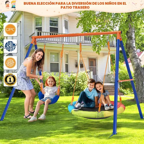Miniatura 6 de Amictoy Juego de columpios para patio trasero con soporte, juego de metal resistente con marco en A de 440 libras con columpio de platillo de 32