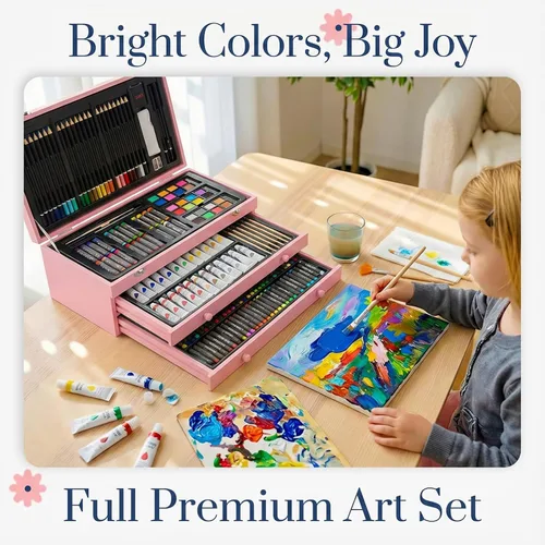 Miniatura 3 de Juego de arte de lujo de 194 piezas, suministros de pintura y dibujo con 4 blocs de dibujo, pinturas acrílicas, crayones, juego de lápices de Rosa
