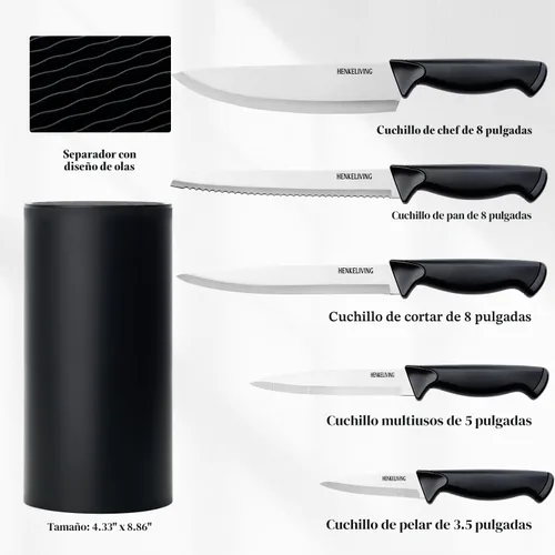 Miniatura 2 de Juego de cuchillos de cocina de 6 piezas, acero inoxidable alemán de alto carbono, duradero y fácil de limpiar, color negro