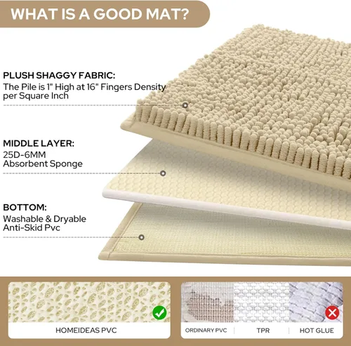 Miniatura 4 de HOMEIDEAS Juego de 3 alfombras de baño, ultra suaves, antideslizantes, absorbentes, de chenilla, juego de alfombrillas de baño para inodoro (beige)