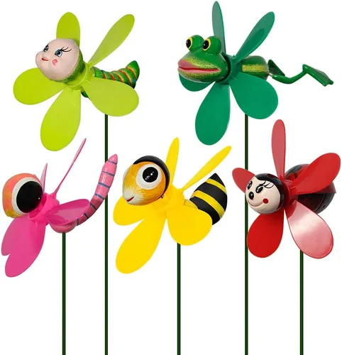 Paquete de 5 molinillos de viento de insectos 3D para patio y jardín, molinetes coloridos con resorte, abeja, libélula, rana, mariquita Whirligigs -