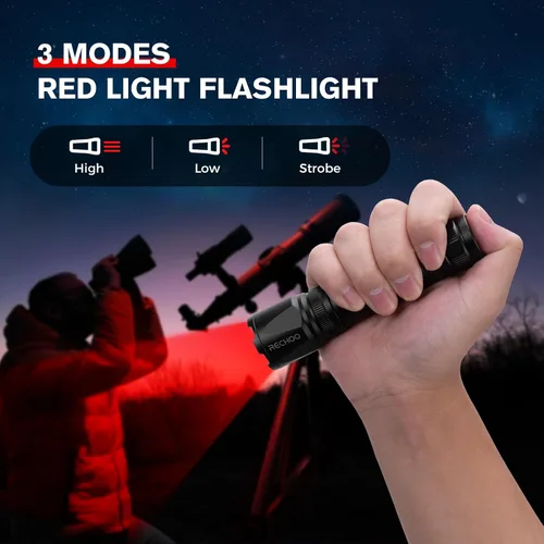 Miniatura 2 de Linterna de luz roja RECHOO, linternas recargables de LED rojo de 3 modos de alta potencia con clip y cordón, linternas rojas zoomables y portátiles