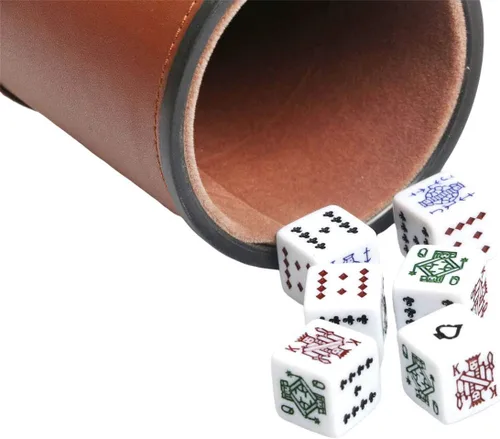 Miniatura 5 de Taza de dados de cuero sintético con dados de póquer, con forro de fieltro, agitador silencioso para jugar dados Yahtzee/Farkle/Liars, Marrón