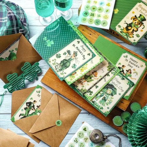 Miniatura 3 de Tellingyou 24 Juegos de Tarjetas del Día de San Patricio Surtidas Retro Tarjetas de Notas de Felicitación en Blanco con Sobres y Calcomanías Retro